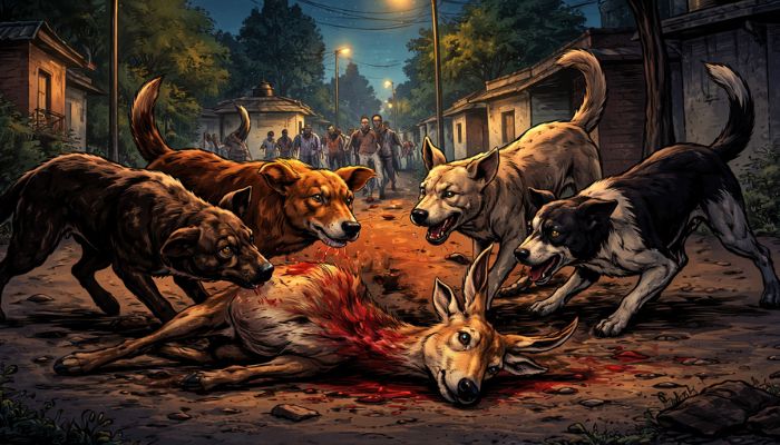 Stray dogs attack deer after it strays into Pilibhit village near forest.