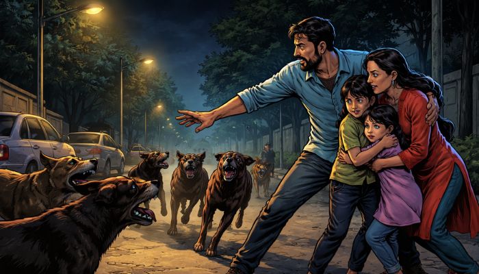 CCTV footage shows father shielding family as stray dogs surround them on Belagavi road